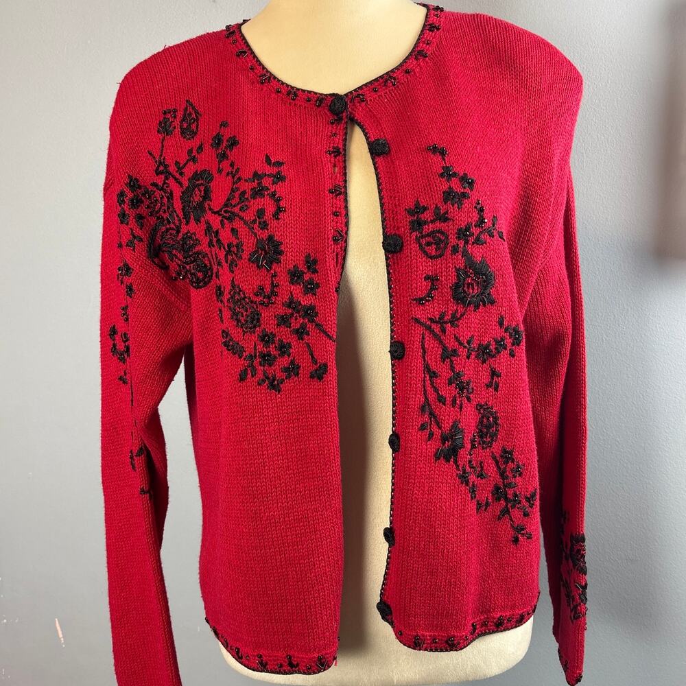 Vintage Heirloom Collectibles Petite Red Sweater Cardigan Beaded Embroidered Sm.